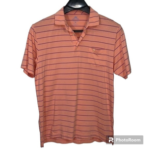 Peter Millar “Seaside Wash” peach polo shirt with blue and pink stripes. Medium.